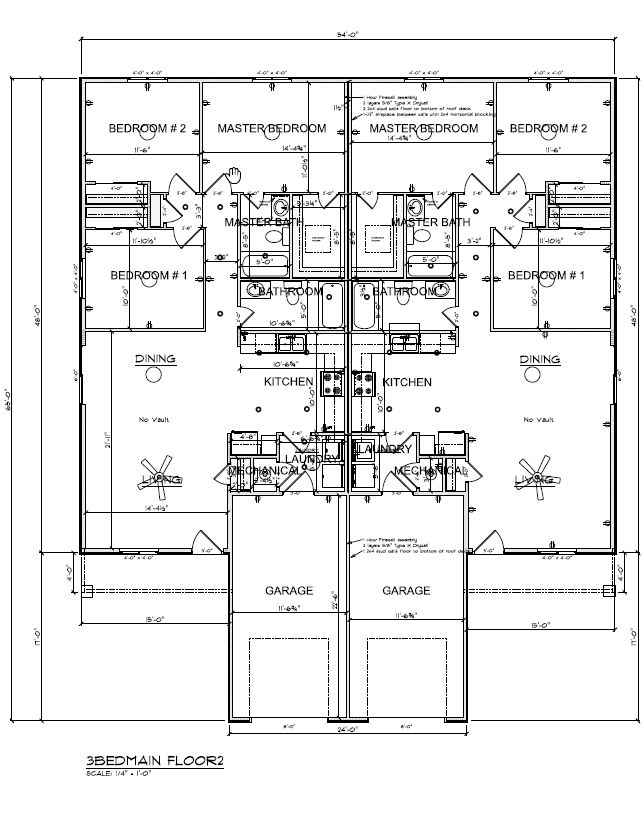 Architectural floor plan of a residential building with two mirrored units.