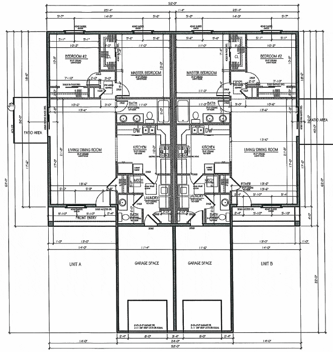 Architectural floor plan of a symmetrical duplex with detailed room layouts.